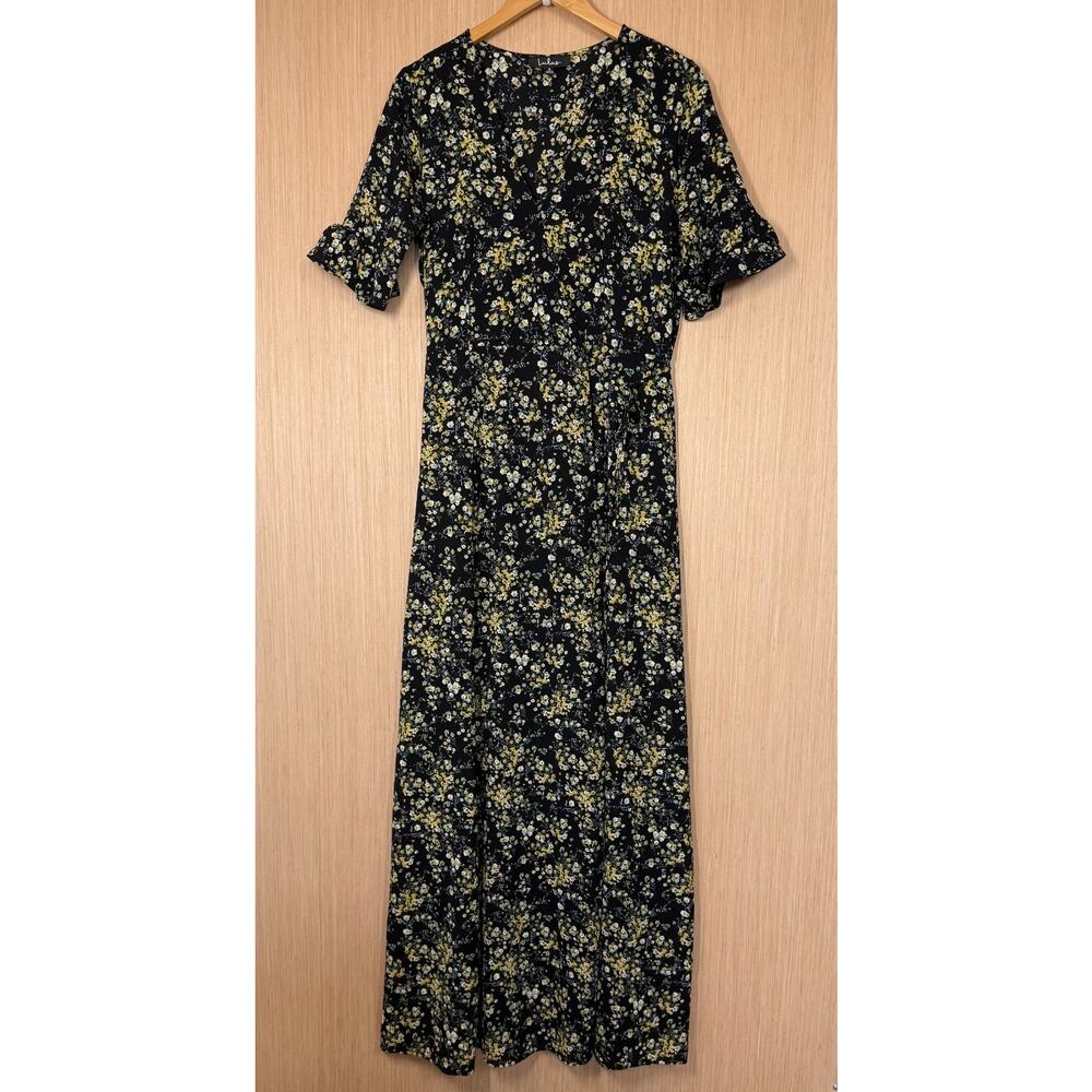 Lulus Ditsy Floral Wrap Maxi Dress Womens Small Black Dark Floral Whimsigoth